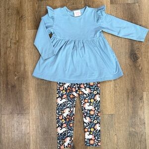 Stitchy Fish, Light Blue Ruffle Long Sleeve Top with Floral Unicorn Leggings